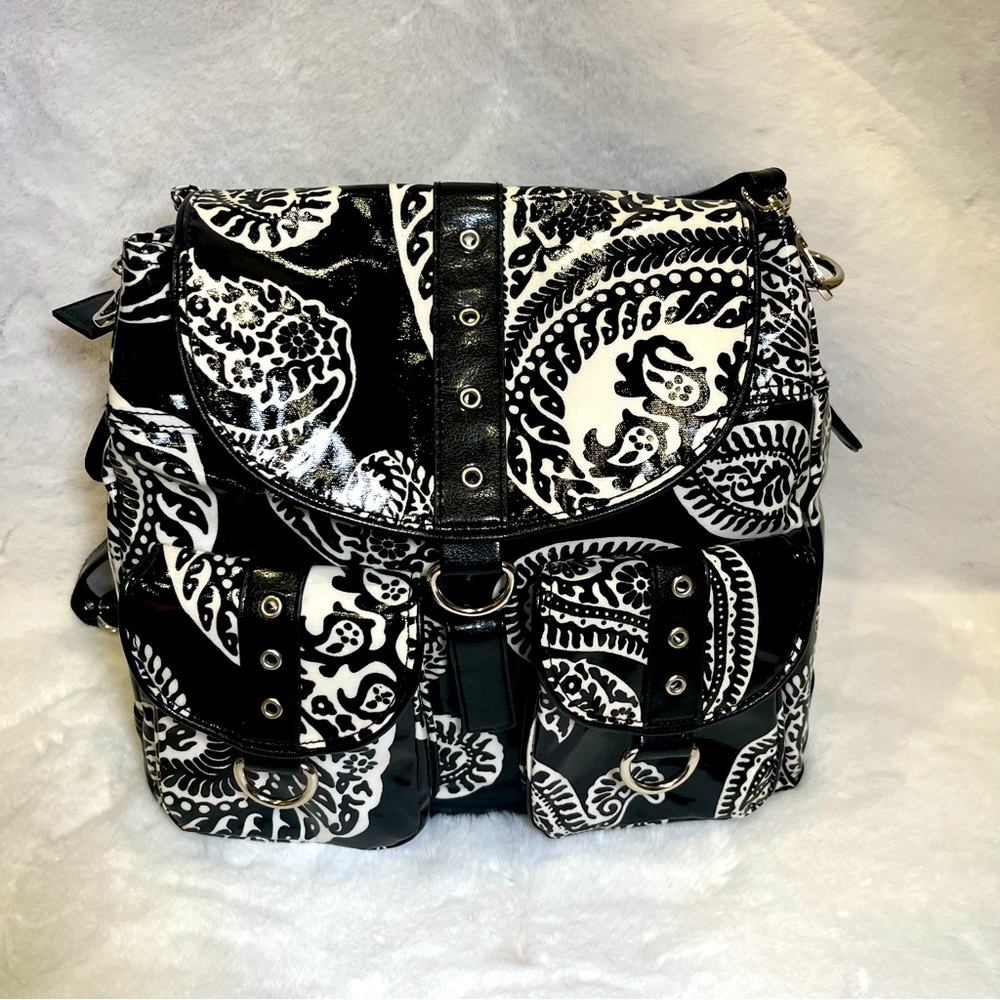 GIGI Hill Backpack Shoulder Bag. Black & White. Coated Canvas.